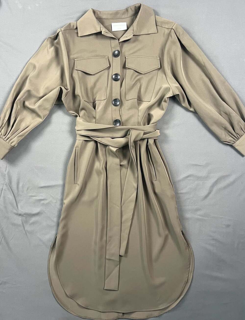 Modern Citizen Long Sleeve Utility Shirt Dress Khaki Tan Belted Midi Size M